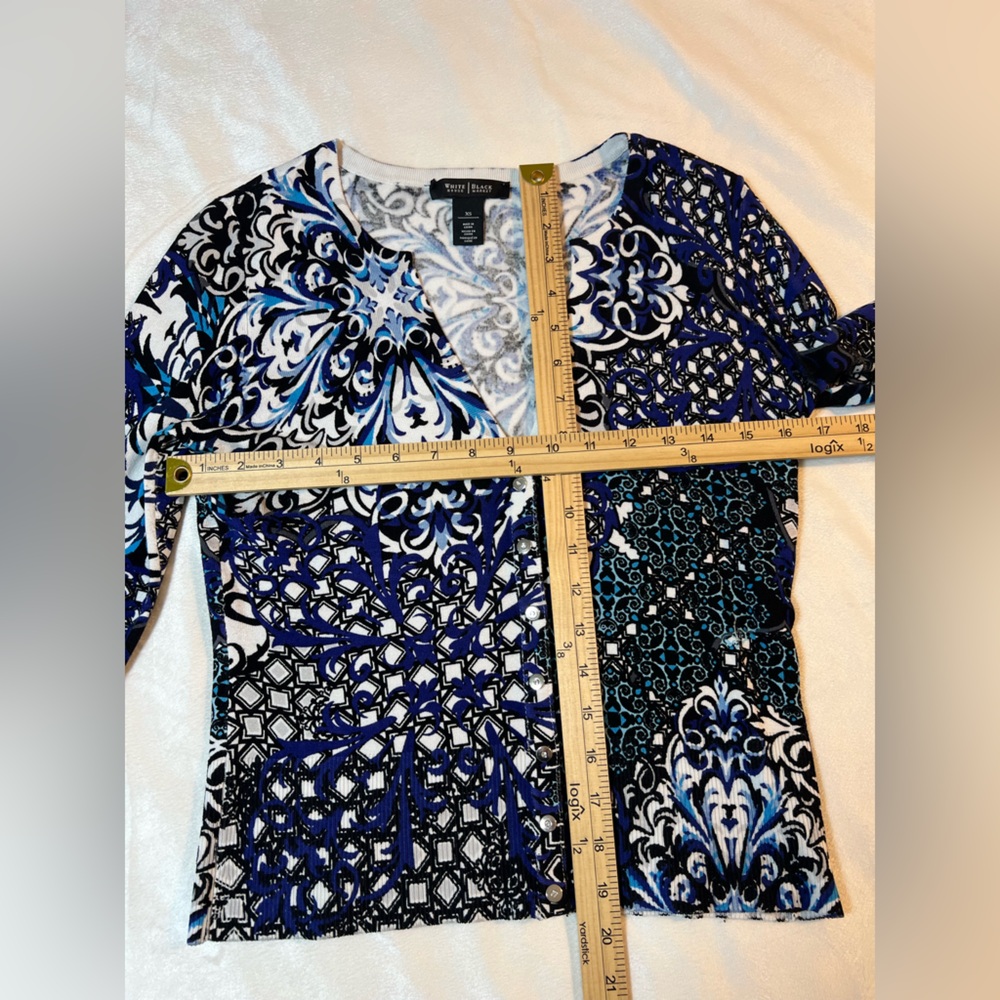 WHITE HOUSE BLACK MARKET blue print Cardigan Sweater 3/4 sleeve v-neck Womens XS - Picture 4 of 7